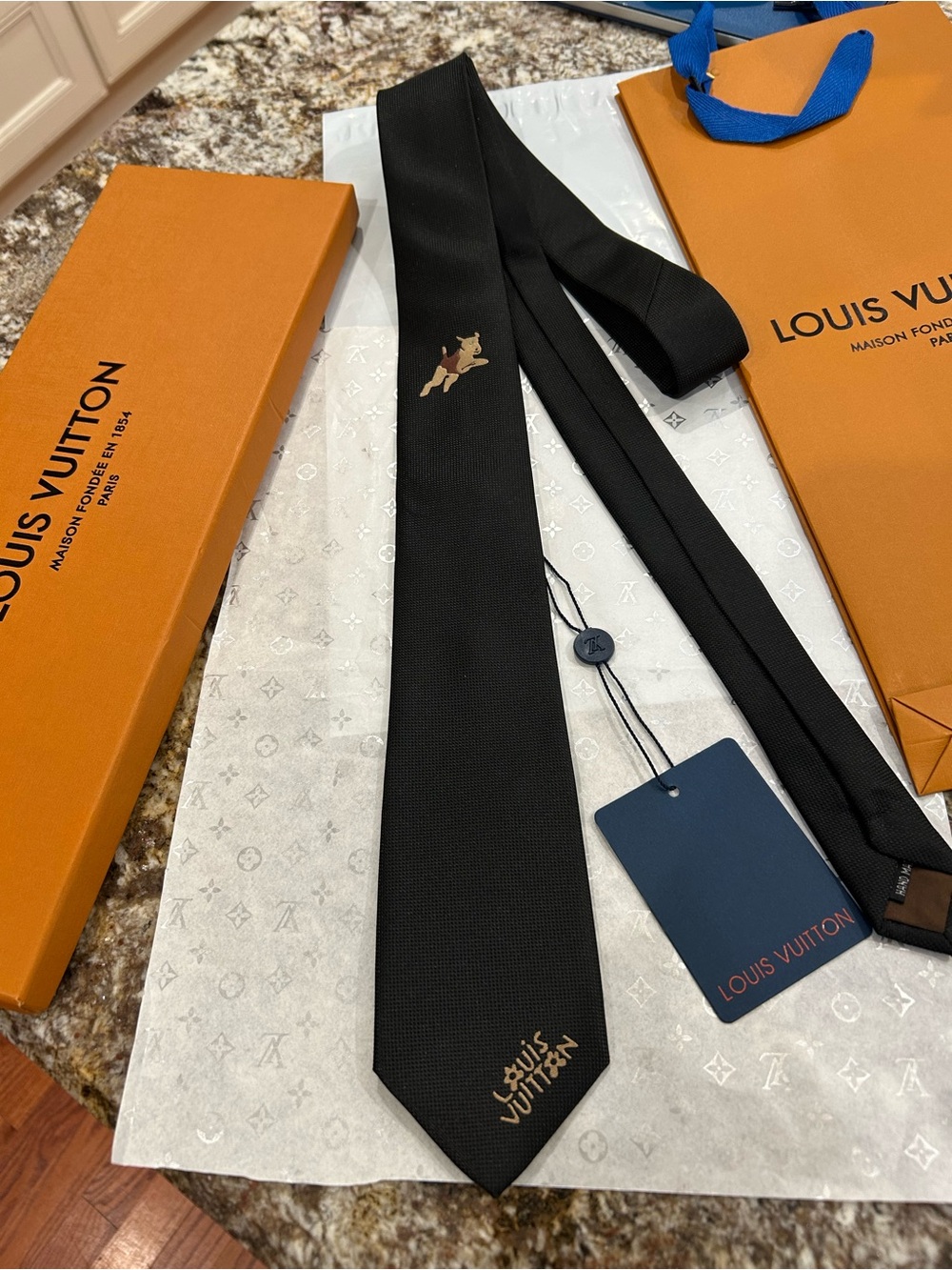 Louis Vuitton Black Silk Tie with Gold Motif